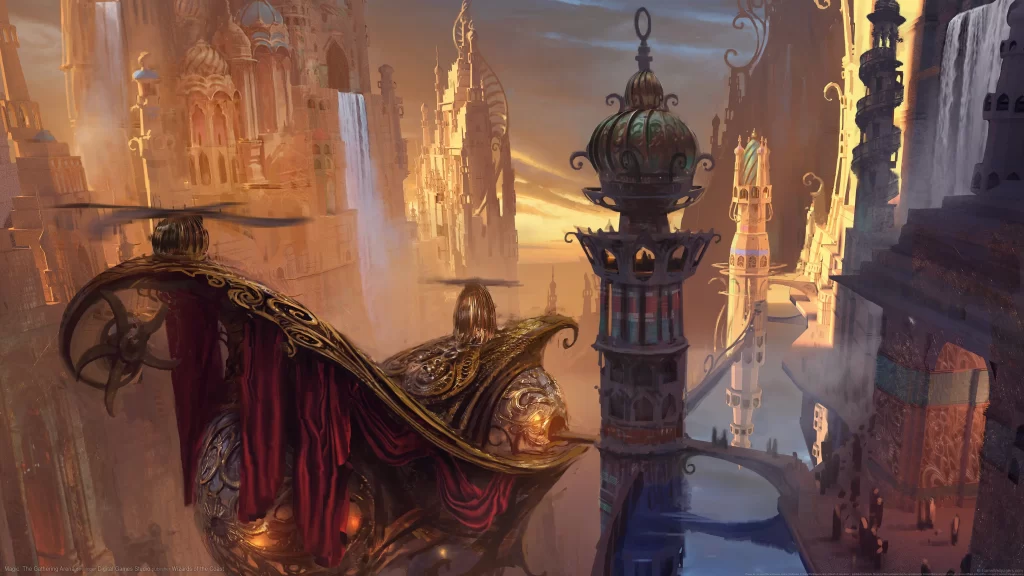 fantasy cityscape flying vehicle ornate architecture mystical ambiance sunset gl