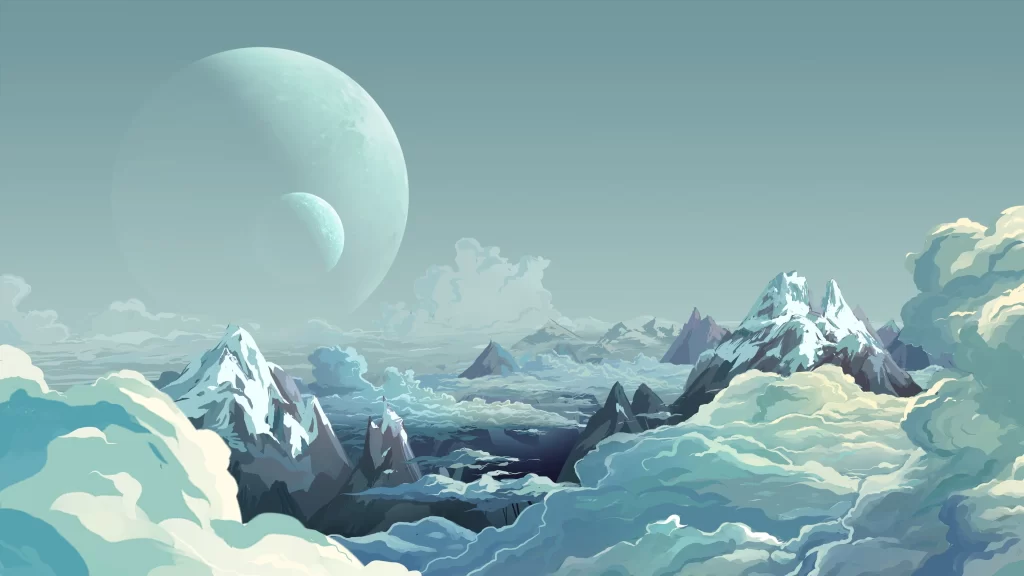 fantasy landscape celestial bodies mountainous terrain clouds surreal otherworld