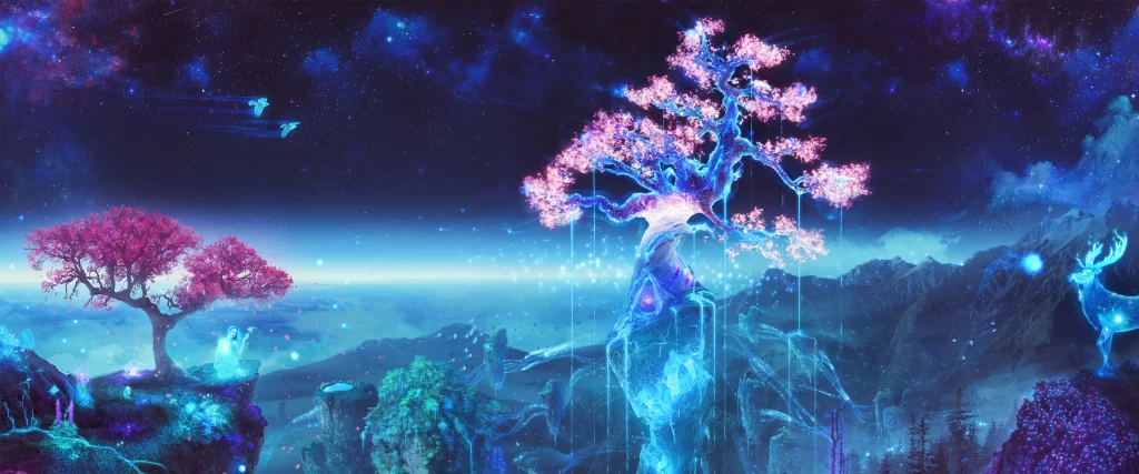 fantasy landscape glowing trees mystical creatures starry sky