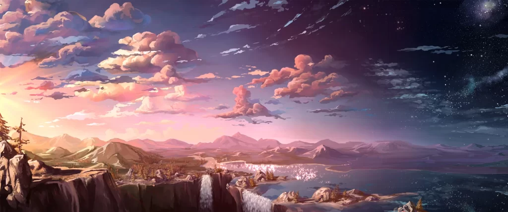 Fantasy Landscape Sunset Clouds Mountains Water Stars