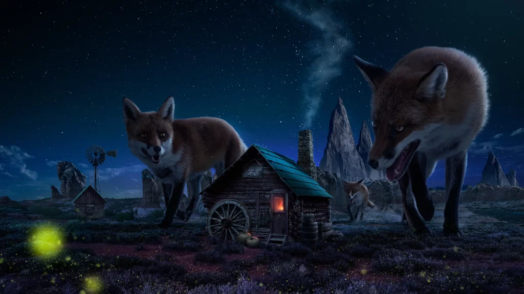 fantasy night foxes cabin stars