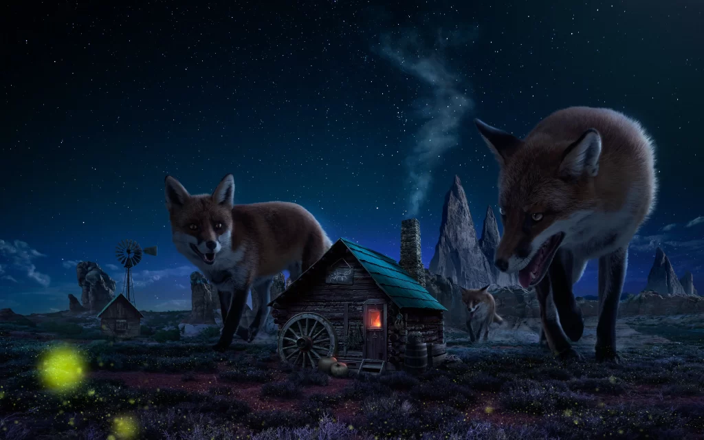 fantasy night foxes cabin stars mystical