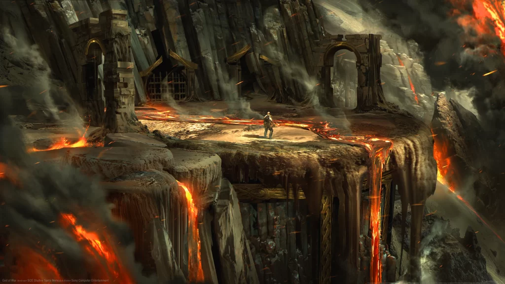 fantasy volcanic landscape ruins lava dramatic