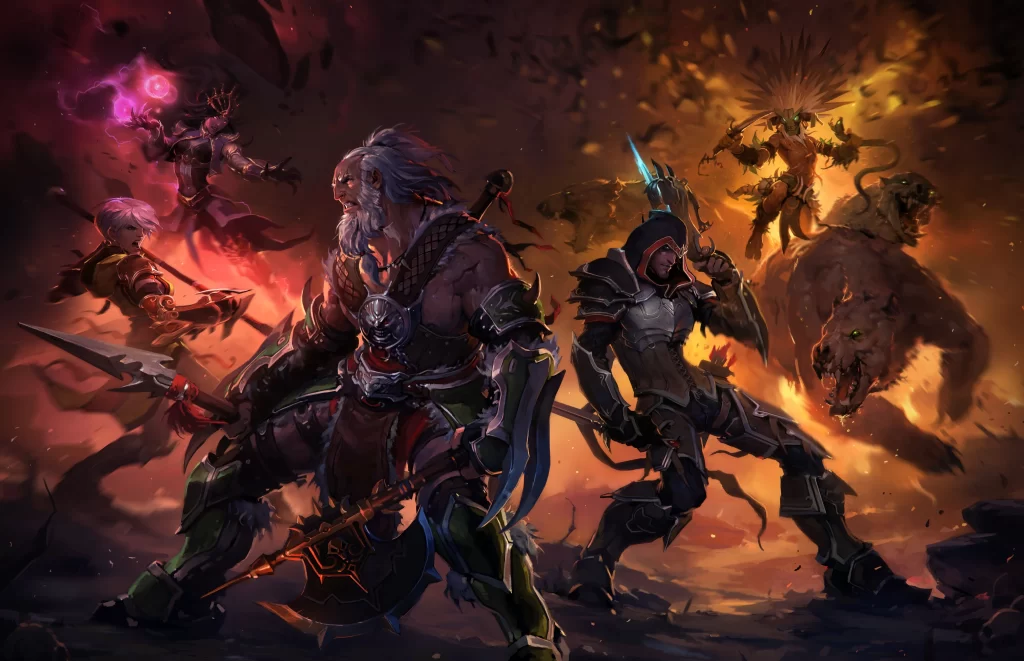 fantasy warriors battle magic fiery creatures