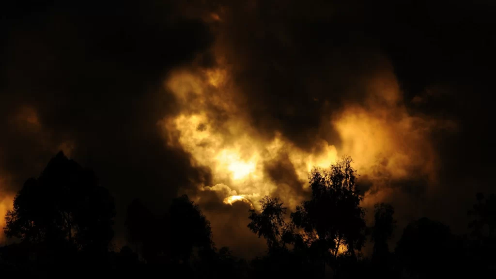 fire smoke trees night sky glow