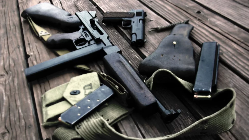 firearms weapons military vintage wooden table display history
