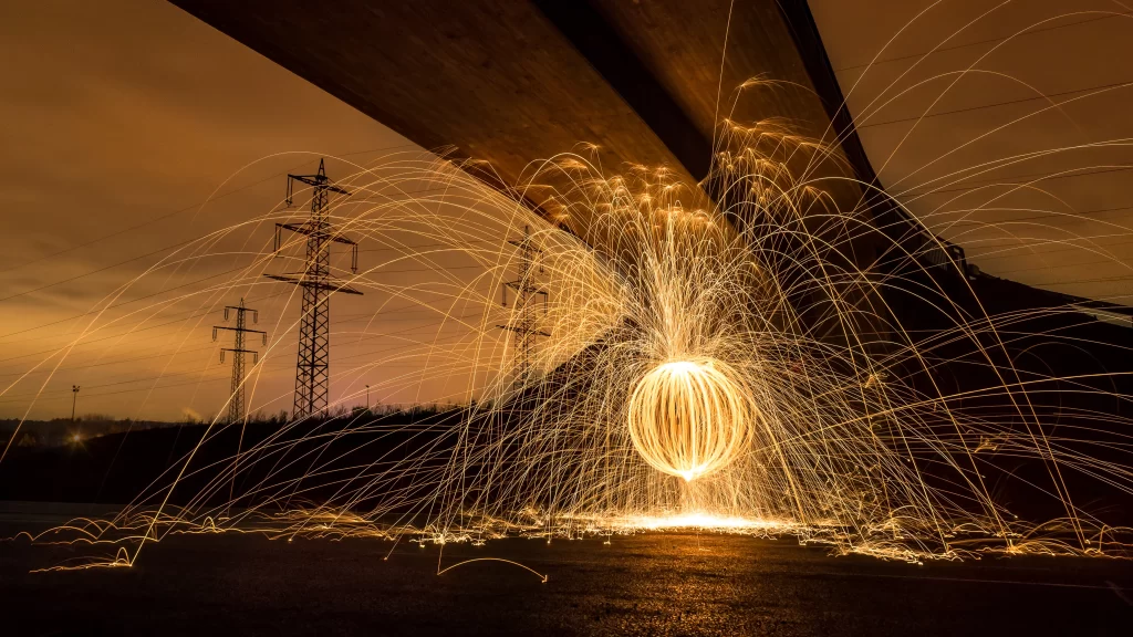 fireworks night bridge sparks light urban