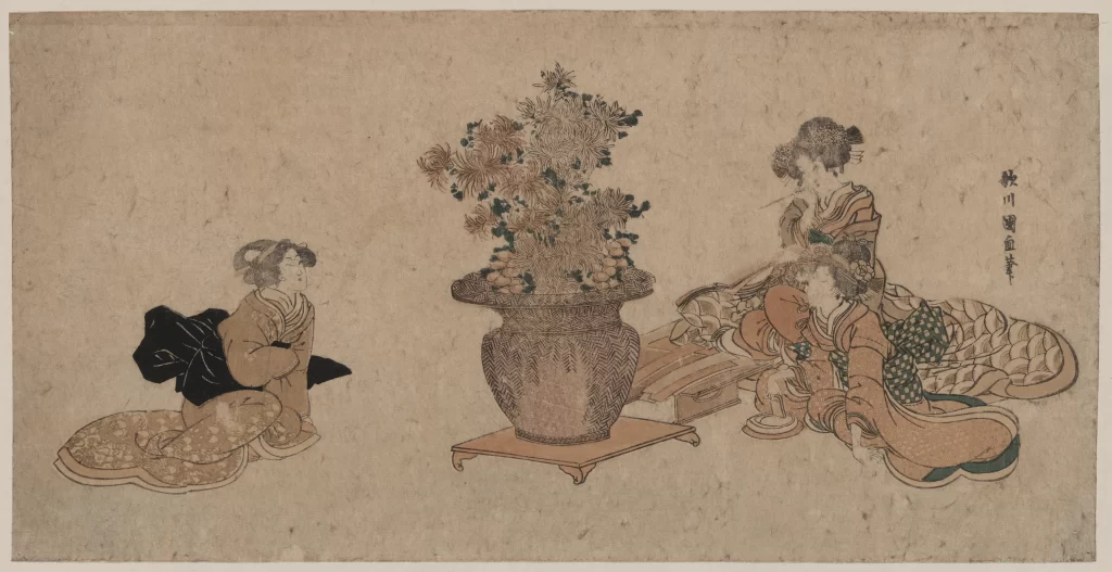 Floral Arrangement Traditional Attire Vase Intricate Patterns Cultural Setting Ukiyo-e