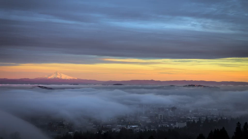 fog sunrise mountain cityscape clouds landscape