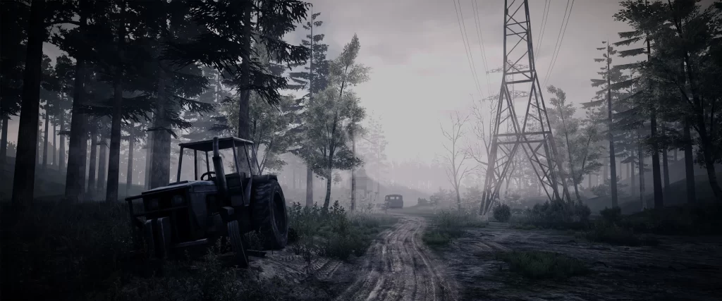 foggy forest dirt road tractor trees power lines