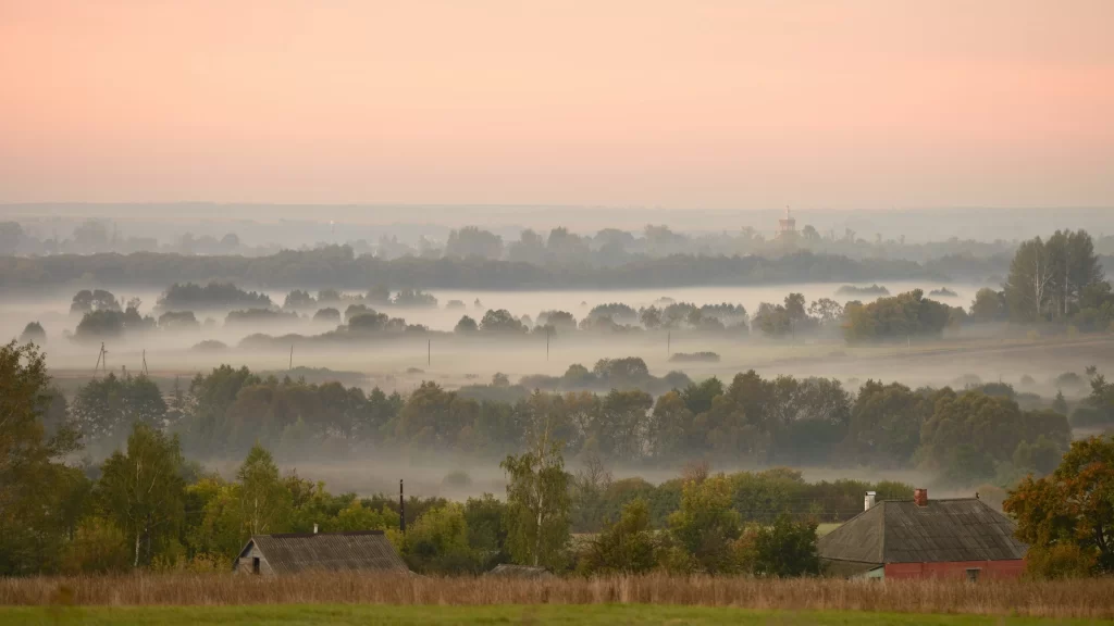 foggy morning rural landscape trees houses