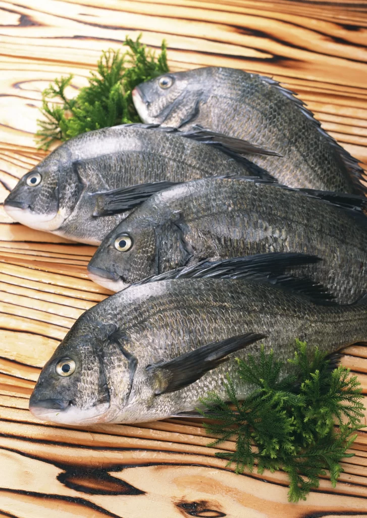 Fresh Fish Silver Scales Green Herbs Wooden Surface