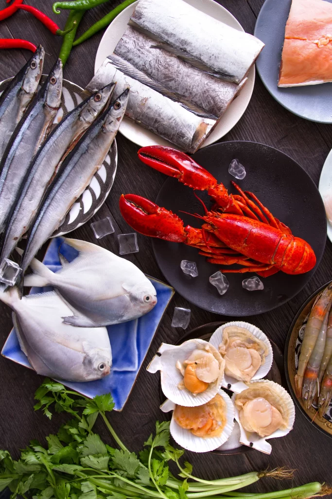 Fresh Lobster Red Shell White Fish Green Herbs