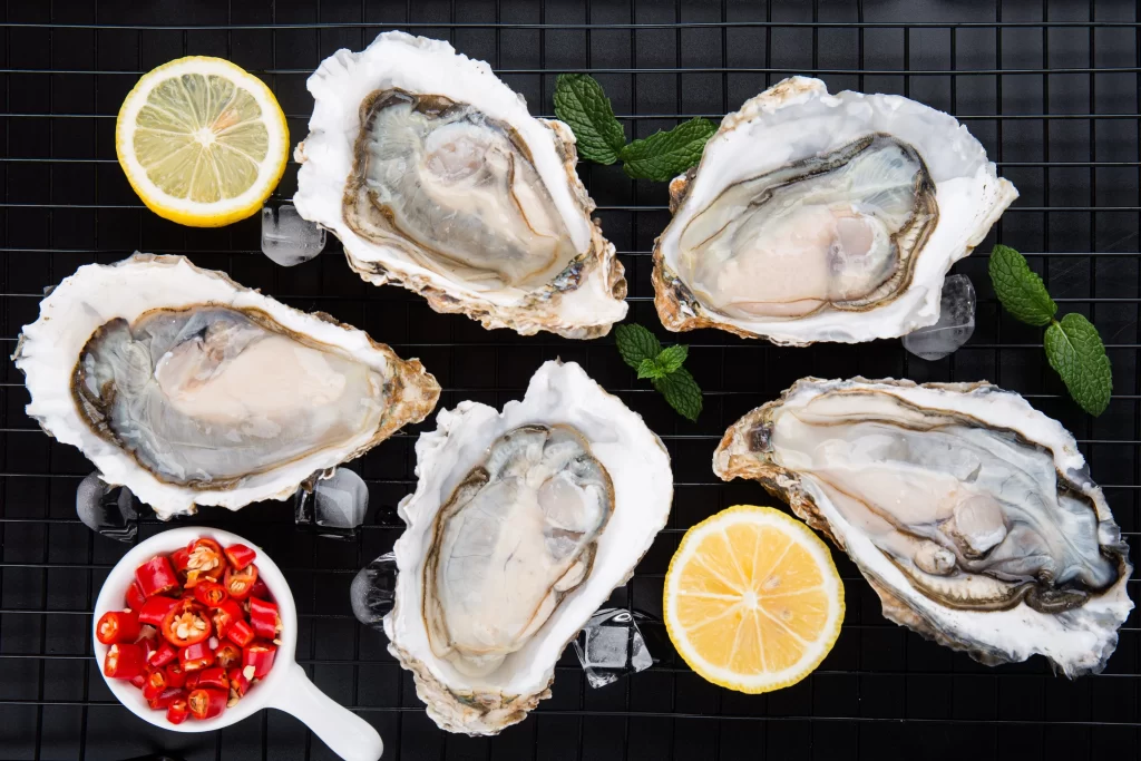 Fresh Oysters Open Shell Ice Lemons Chilies