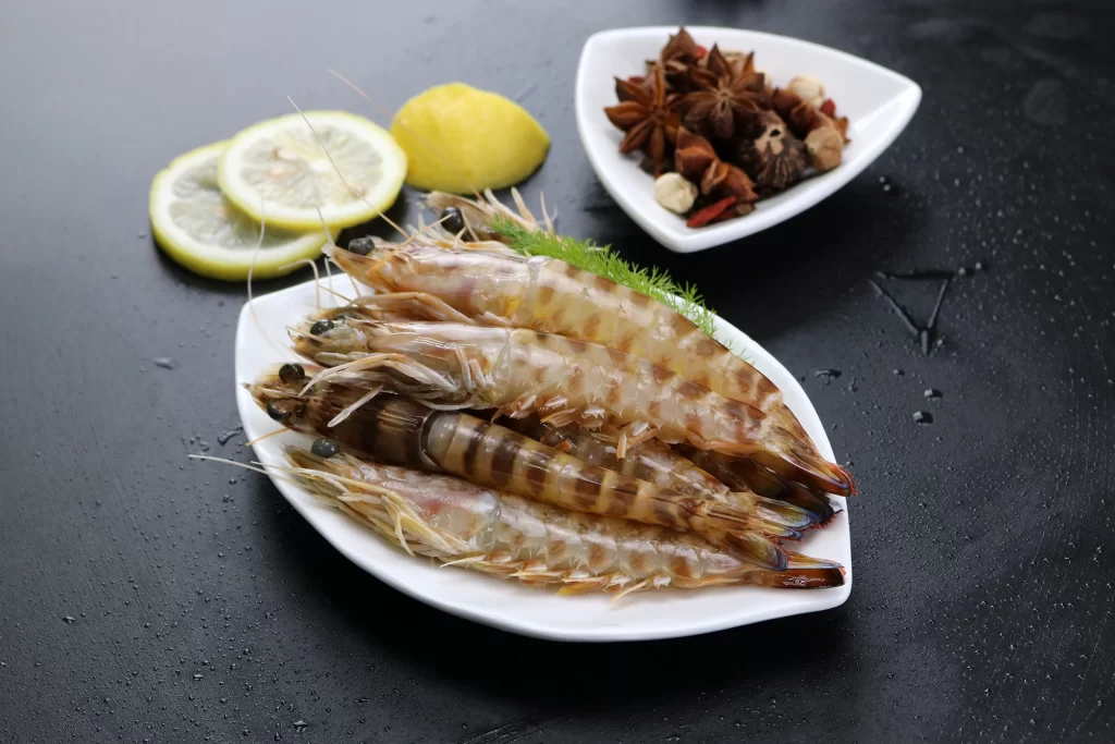 Fresh Shrimp Brown Shell White Plate