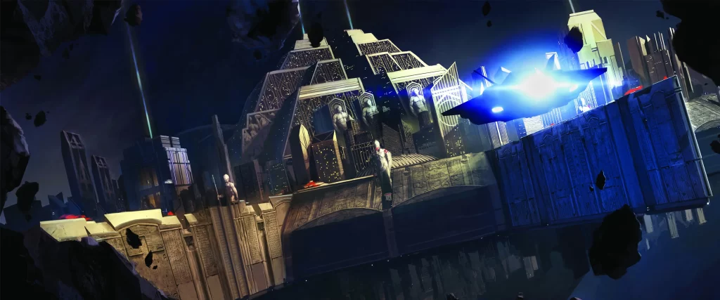 Futuristic Cityscape Flying Vehicle Towering Structures Blue Glow Night Sky Reflective Water