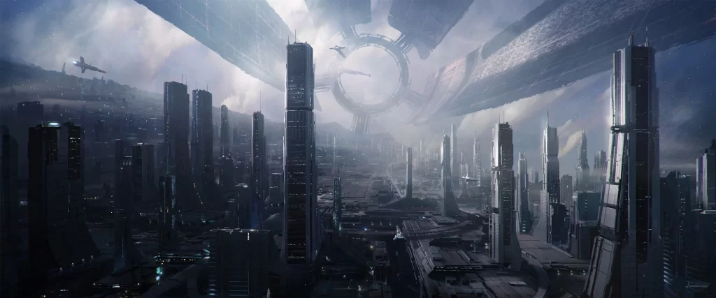 Futuristic Cityscape Towering Skyscrapers Advanced Technology Spaceport Cosmic Backdrop Urban Sprawl
