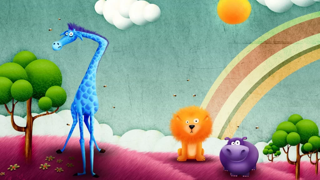 giraffe lion hippo rainbow tree