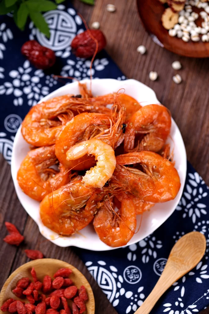 Golden Shrimp Sweet Chili Sauce White Plate Blue Pattern
