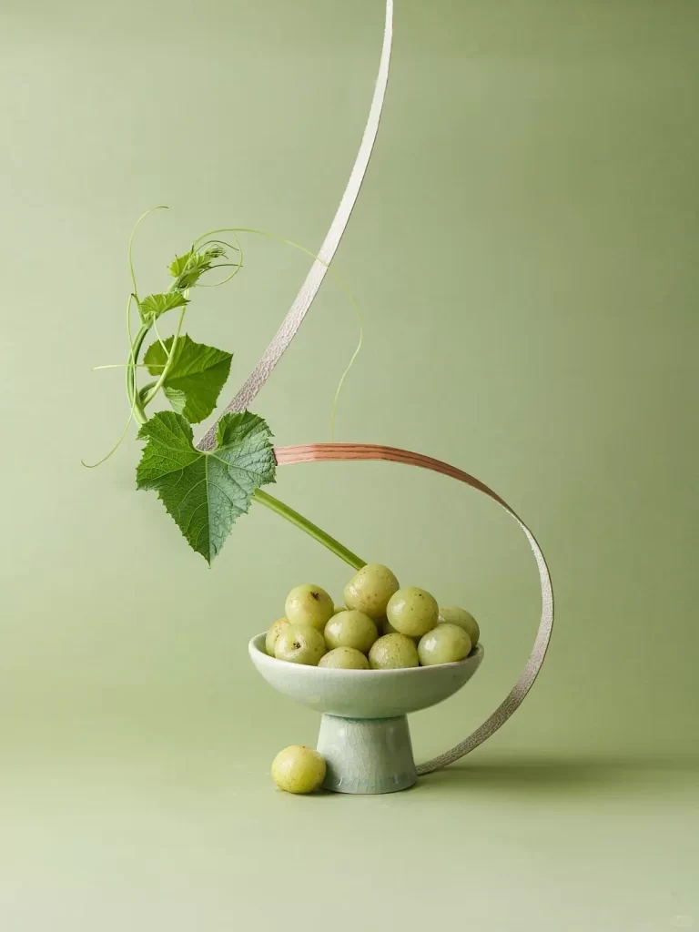 Grapes Leaves Green Background Bowl