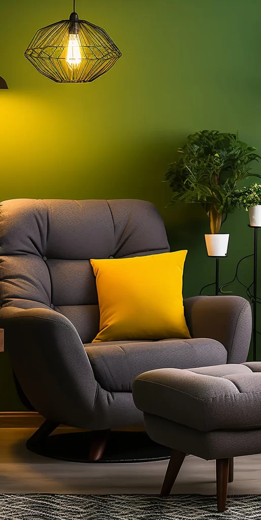 Gray Armchair with Yellow Pillow and Green Wall