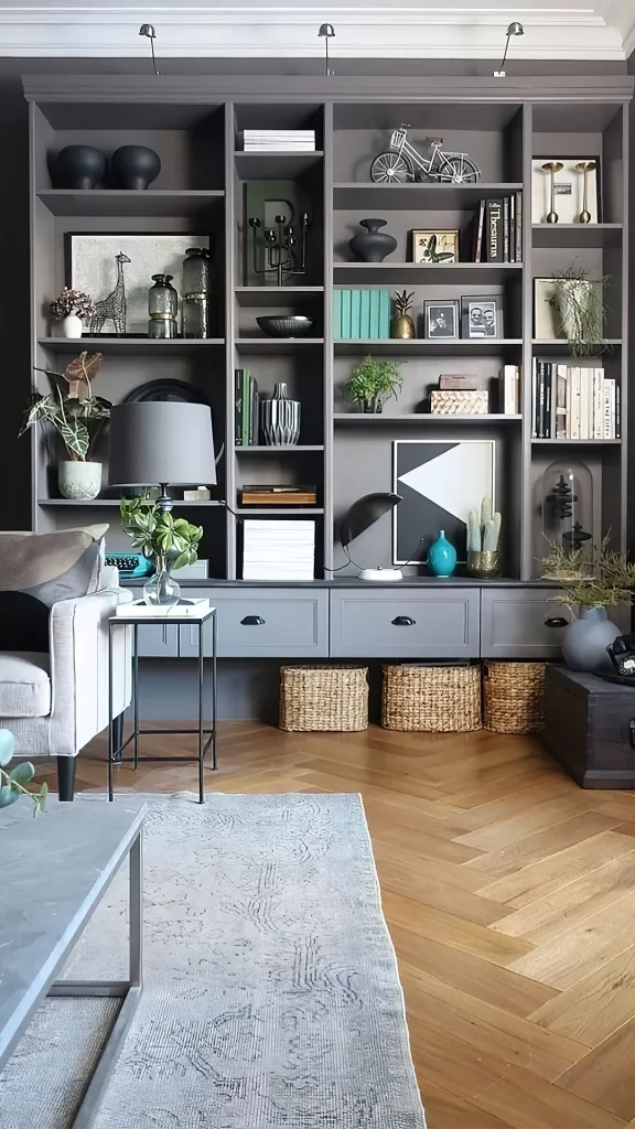 Gray Built In Bookshelf With Curated Objects