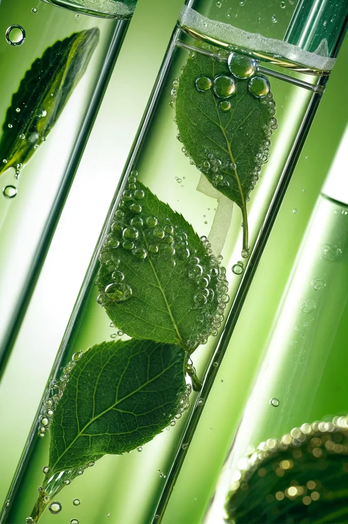 Green Leaves Water Bubbles Transparent Glass