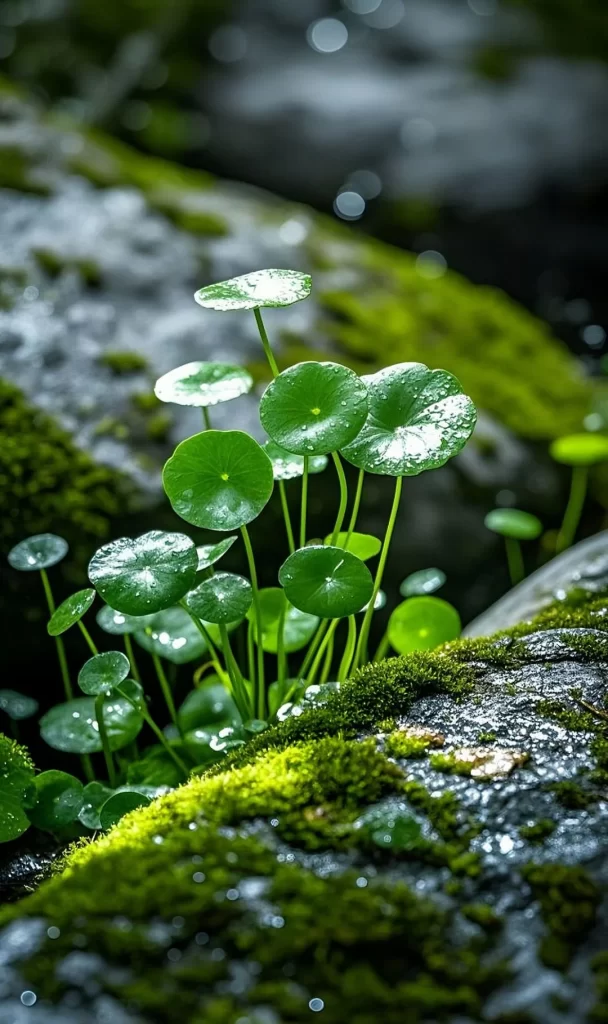 Green Leaves Water Droplets Moss Rock Nature