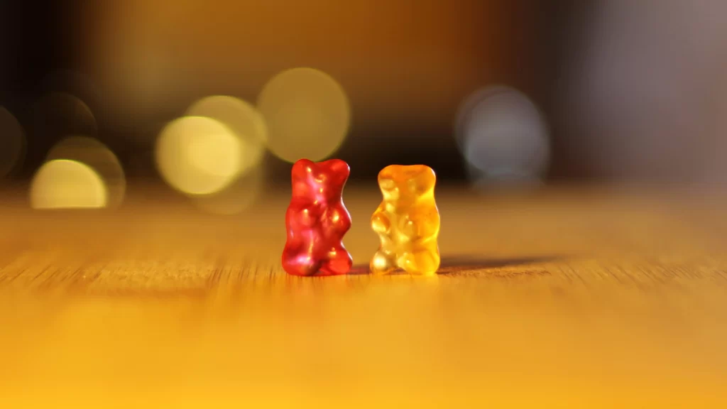 Gummy Bears Colorful Wooden Surface Blurred Background Playful