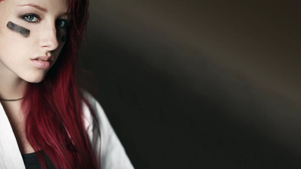 hair red white shirt background dark
