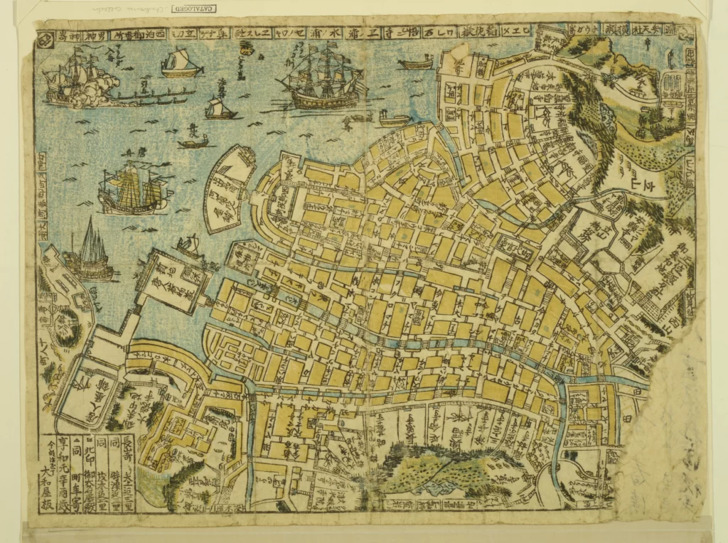 Historical Map Traditional Art Japanese City Ships Detailed Illustration Cultural Heritage