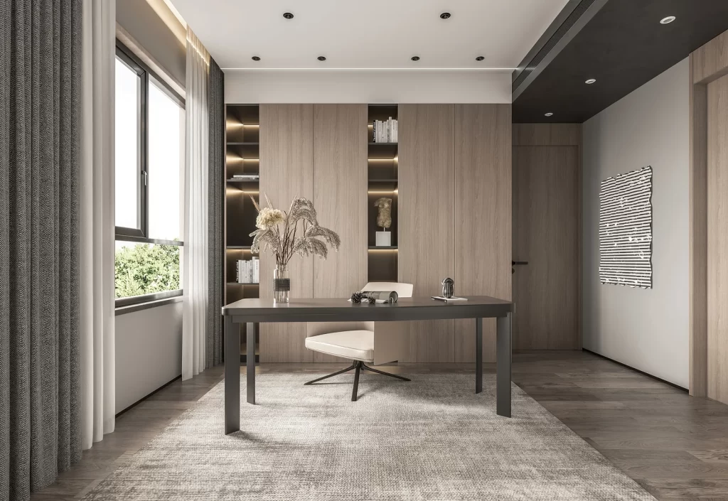 Home Office Neutral Tones Wooden Furniture Modern Lighting