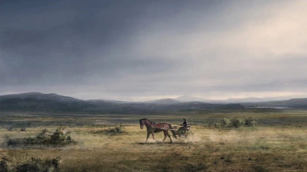 horse carriage landscape sky clouds field