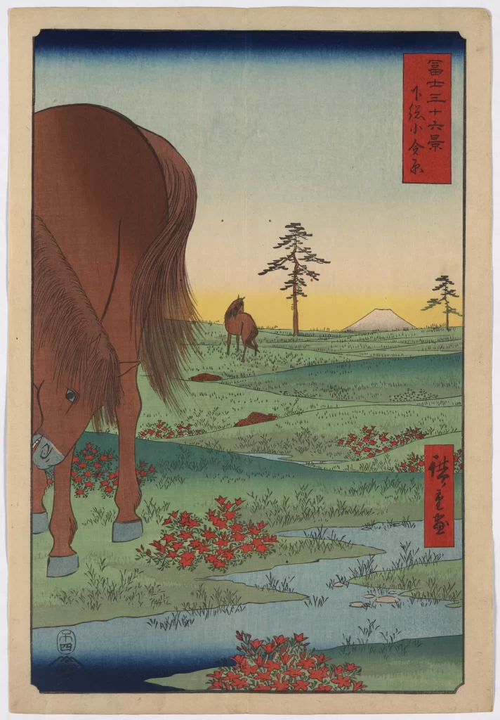 Horse Landscape Red Flowers Green Grass Blue Sky Traditional Art