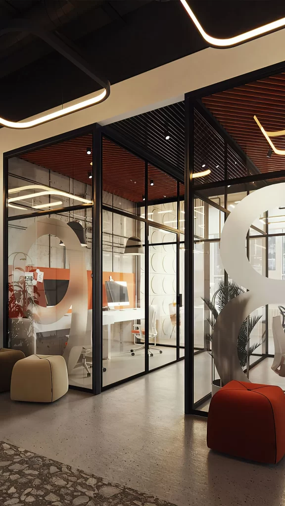Industrial Office With Letter Sculptures and Glass Partition