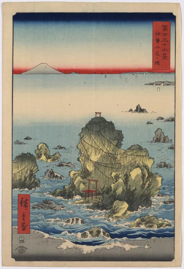 Japanese Landscape Ocean Waves Rocky Shore Traditional Art Red Torii Gate Mountain In Background