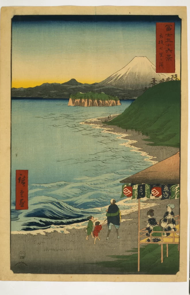 Japanese Landscape Traditional Art Ocean View Mount Fuji People Cultural Scene