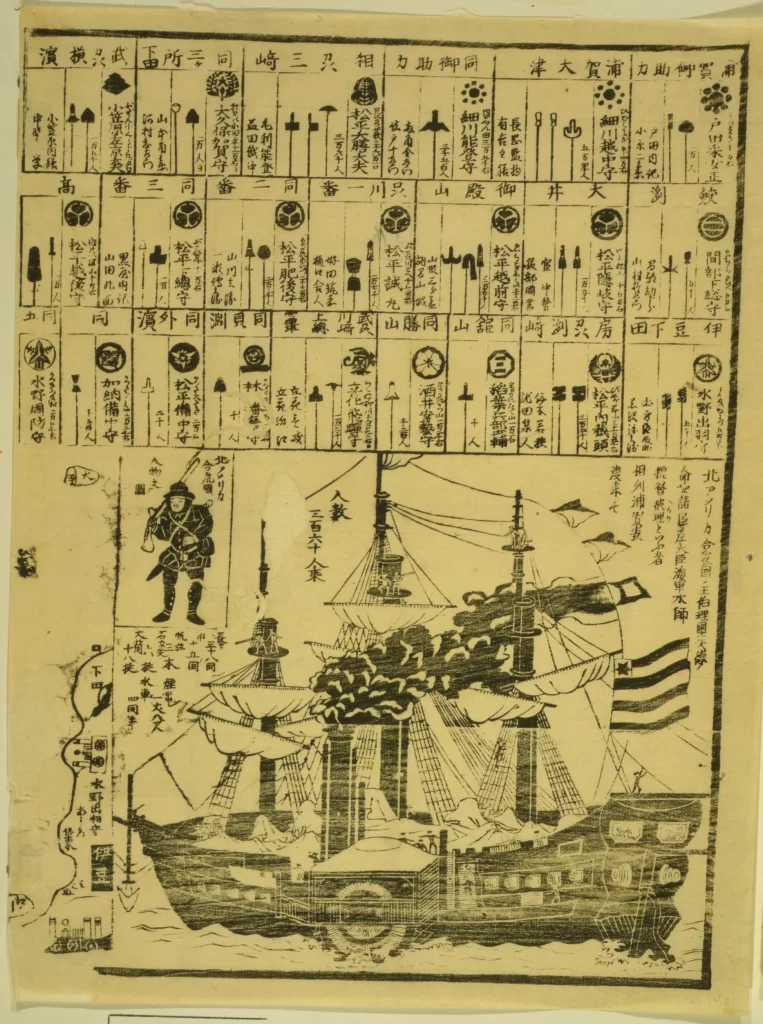 Japanese Woodblock Print Historical Scene Naval Ship Traditional Attire Cultural Heritage