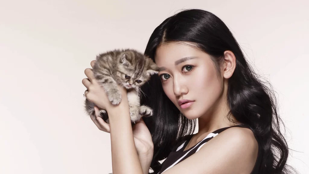 Kitten Woman Black Hair White Background Black White Clothing