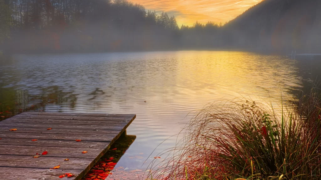 lake dock sunset autumn trees reflection