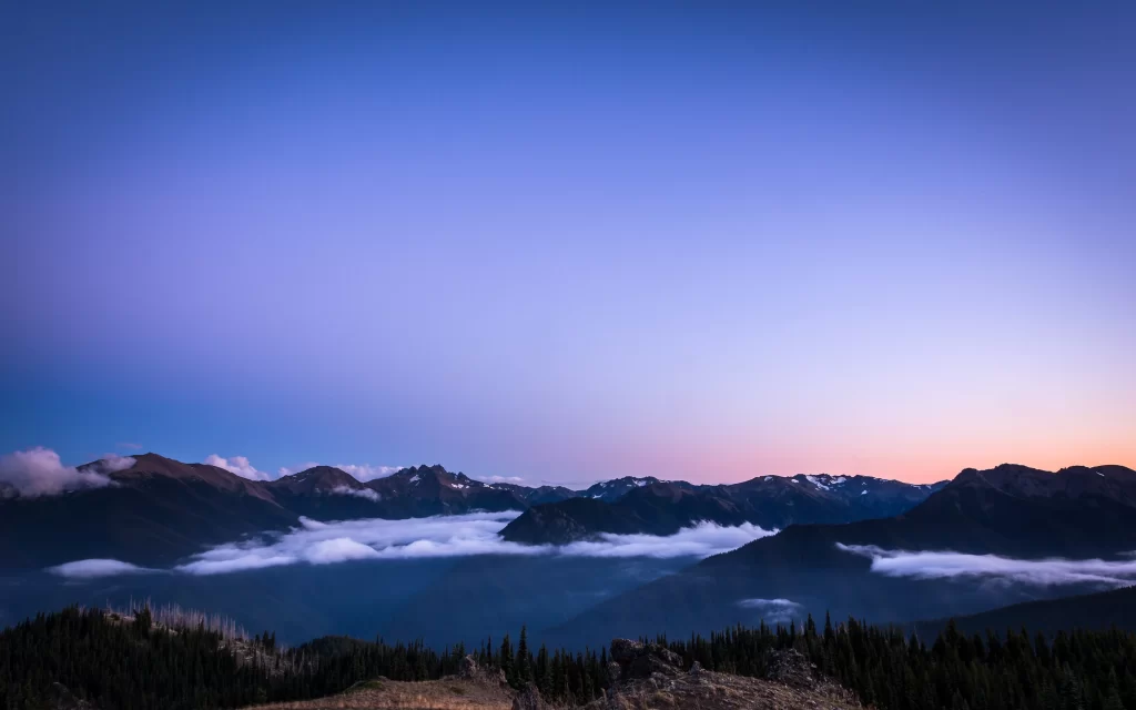 Twilight Mountain Range Clouds Forest Peaks