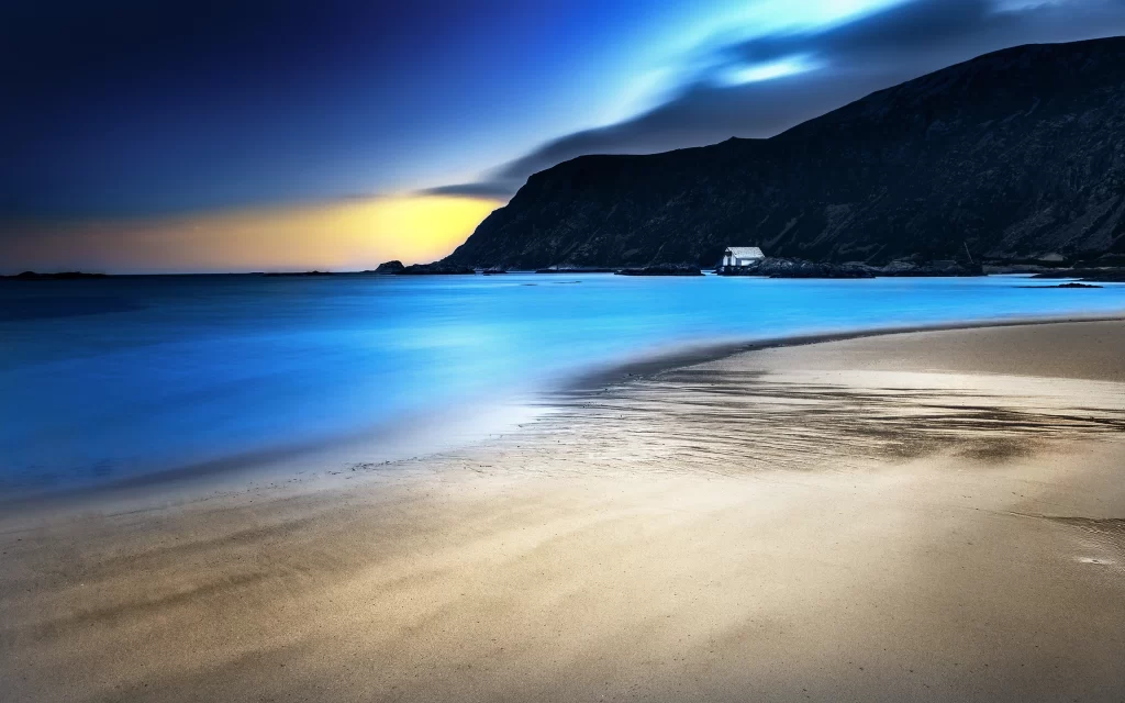 Sunset Blue Ocean Waves Sandy Beach Mountain