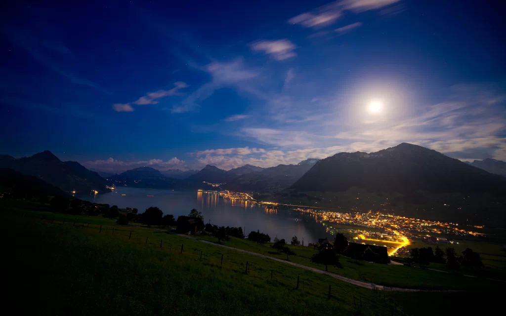 Moonlit Night Lake Mountain Town Lights Reflection