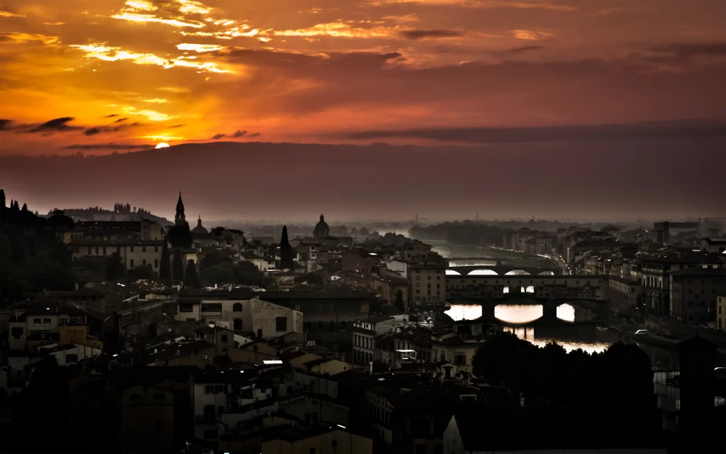 Sunset Orange Clouds Cityscape River Bridge