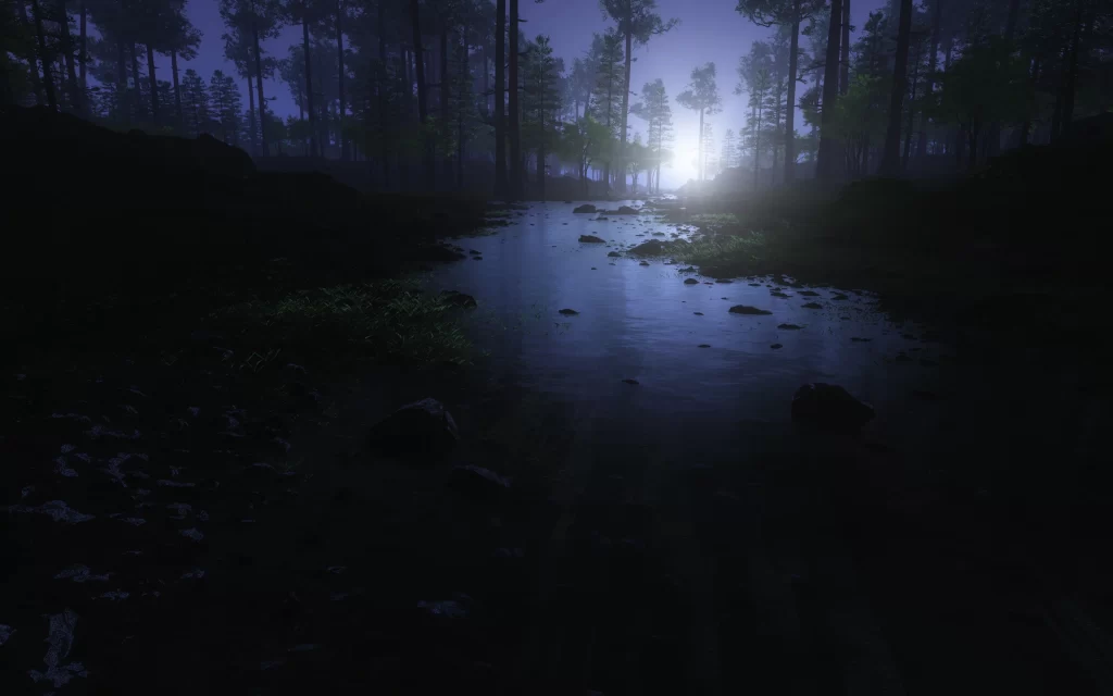 Moonlight Forest River Rocks Mist