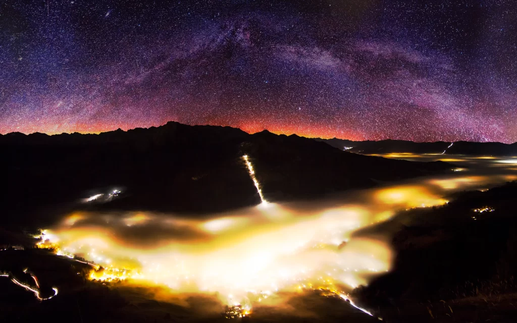 Milky Way Starry Night Sky Mountain Mist Lights