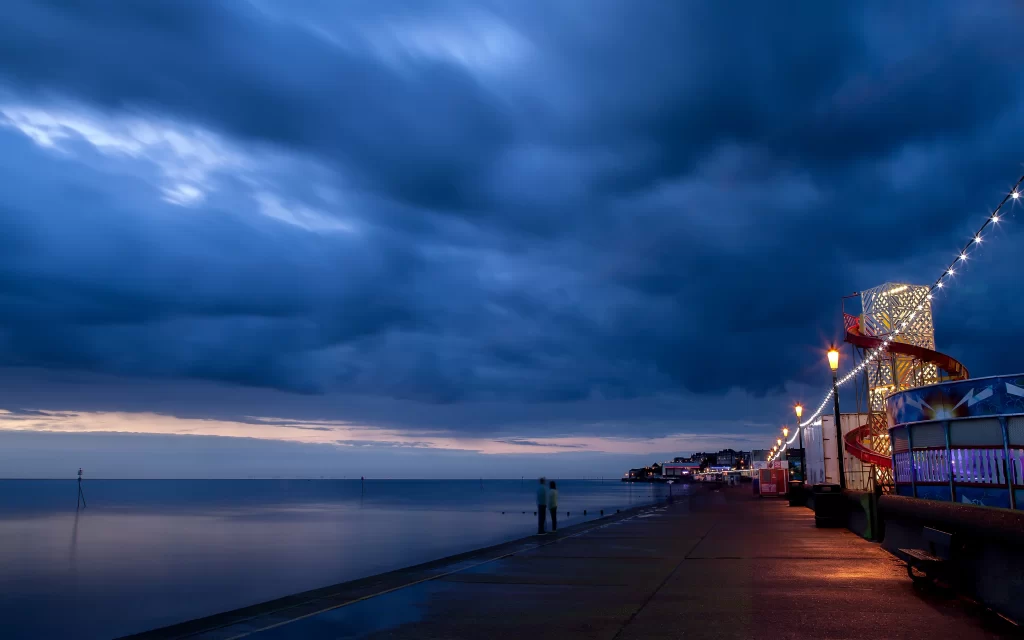 Twilight Cloudy Sky Seaside Promenade Lights