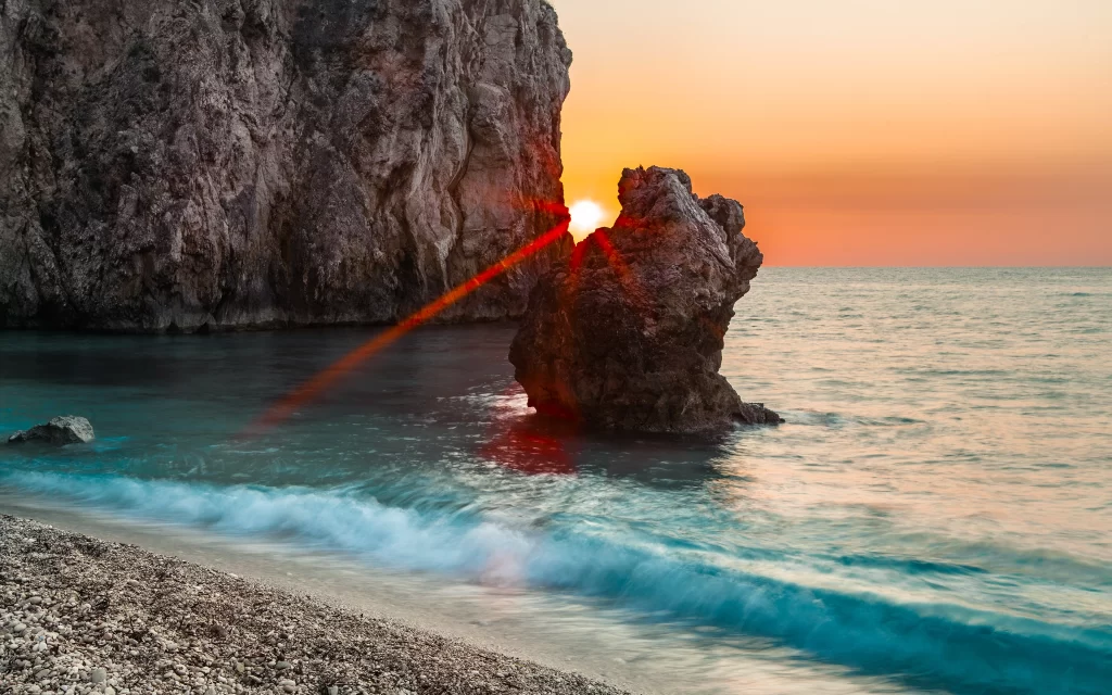 Sunset Ocean Waves Rocky Shoreline Cliff