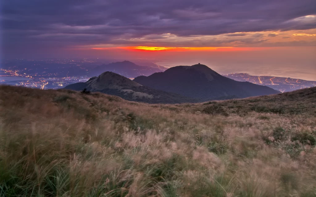 Sunset Mountain Range Clouds Cityscape Ocean Horizon