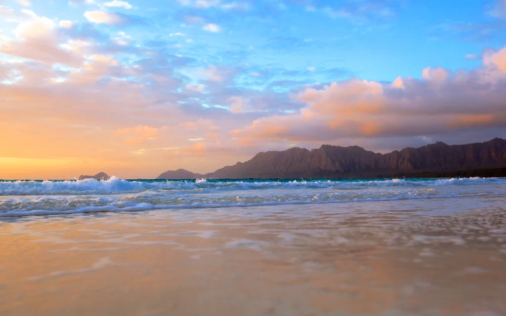 Sunset Orange Clouds Mountain Ocean Waves